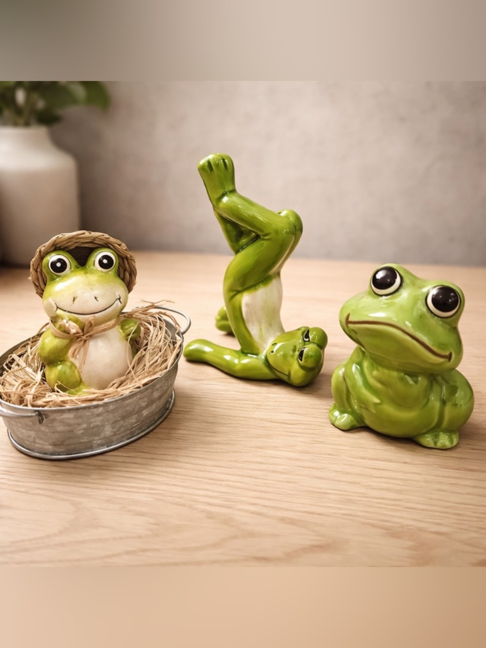 Vintage Frog Figurine Bundle of 3 Green Hong Kong Figure Ceramic